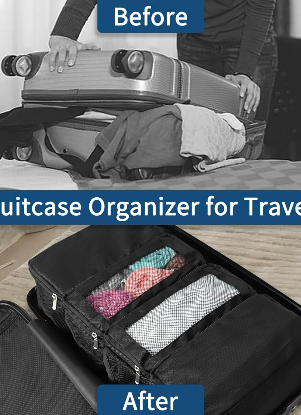 esouler Suitcase Organizer - Hanging Packing Cubes & Portable Travel Shelves for Carry-on (Black, Small) - Image 3