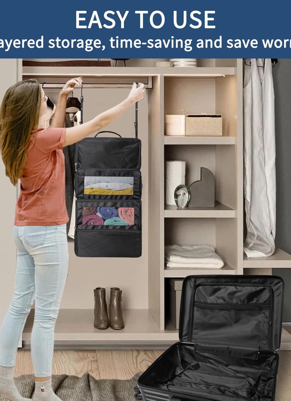esouler Suitcase Organizer - Hanging Packing Cubes & Portable Travel Shelves for Carry-on (Black, Small) - Image 5