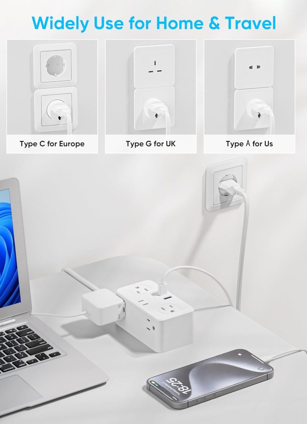 European Travel Plug Adapter, EU/UK/US Travel Plug Adapter Power Strip, 6 AC Outlets, 4 USB Ports (2 USB C), 3ft Wrapped Around Extension Cord, Universal Travel Adapter - Image 4