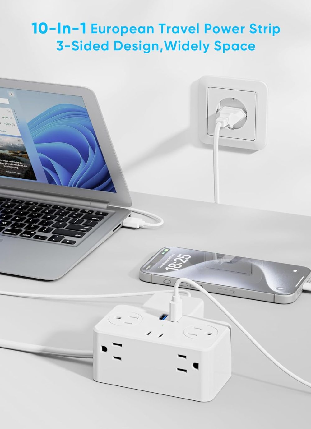 European Travel Plug Adapter, EU/UK/US Travel Plug Adapter Power Strip, 6 AC Outlets, 4 USB Ports (2 USB C), 3ft Wrapped Around Extension Cord, Universal Travel Adapter - Image 5