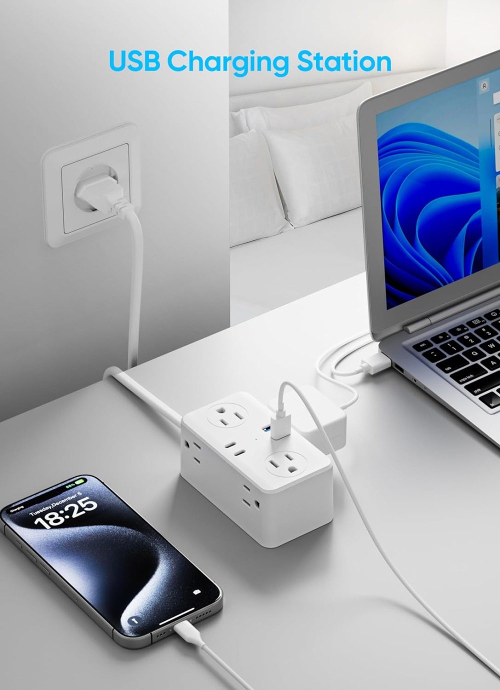 European Travel Plug Adapter, EU/UK/US Travel Plug Adapter Power Strip, 6 AC Outlets, 4 USB Ports (2 USB C), 3ft Wrapped Around Extension Cord, Universal Travel Adapter - Image 7