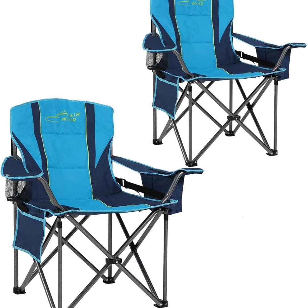 FAIR WIND 2 Pack Oversized Fully Padded Camping Chair with Lumbar Support, Heavy Duty Cooler Bag Fold Chair Support 450 LBS, Blue Green