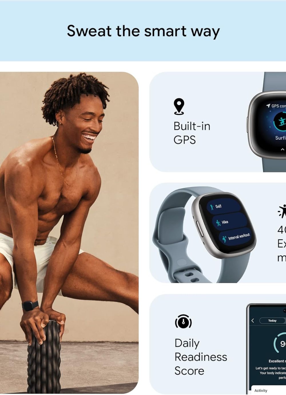 Fitbit Versa 4 Fitness Smartwatch with Daily Readiness, GPS, 24/7 Heart Rate, 40+ Exercise Modes, Sleep Tracking and more, Waterfall Blue/Platinum, One Size (S & L Bands Included) - Image 2