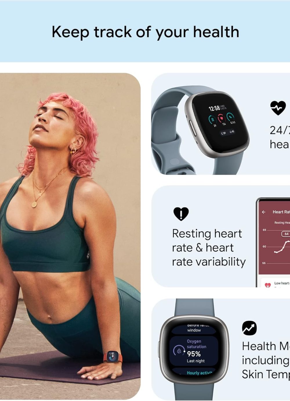 Fitbit Versa 4 Fitness Smartwatch with Daily Readiness, GPS, 24/7 Heart Rate, 40+ Exercise Modes, Sleep Tracking and more, Waterfall Blue/Platinum, One Size (S & L Bands Included) - Image 4
